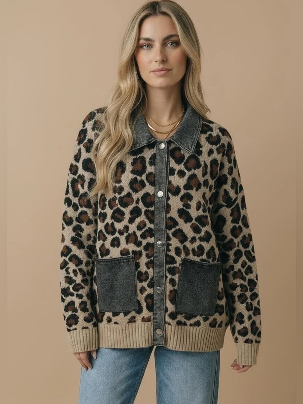 Beige mixed media denim trim leopard knit twofer button cardigan jacket top